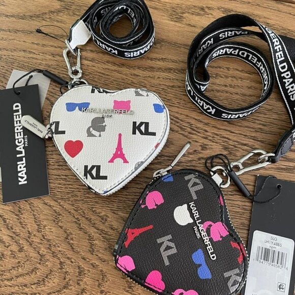 NEW! Karl Lagerfeld Heart Zip Coin Purse / Lanyard -Red/ Pink/ White/ Black - Picture 12 of 14